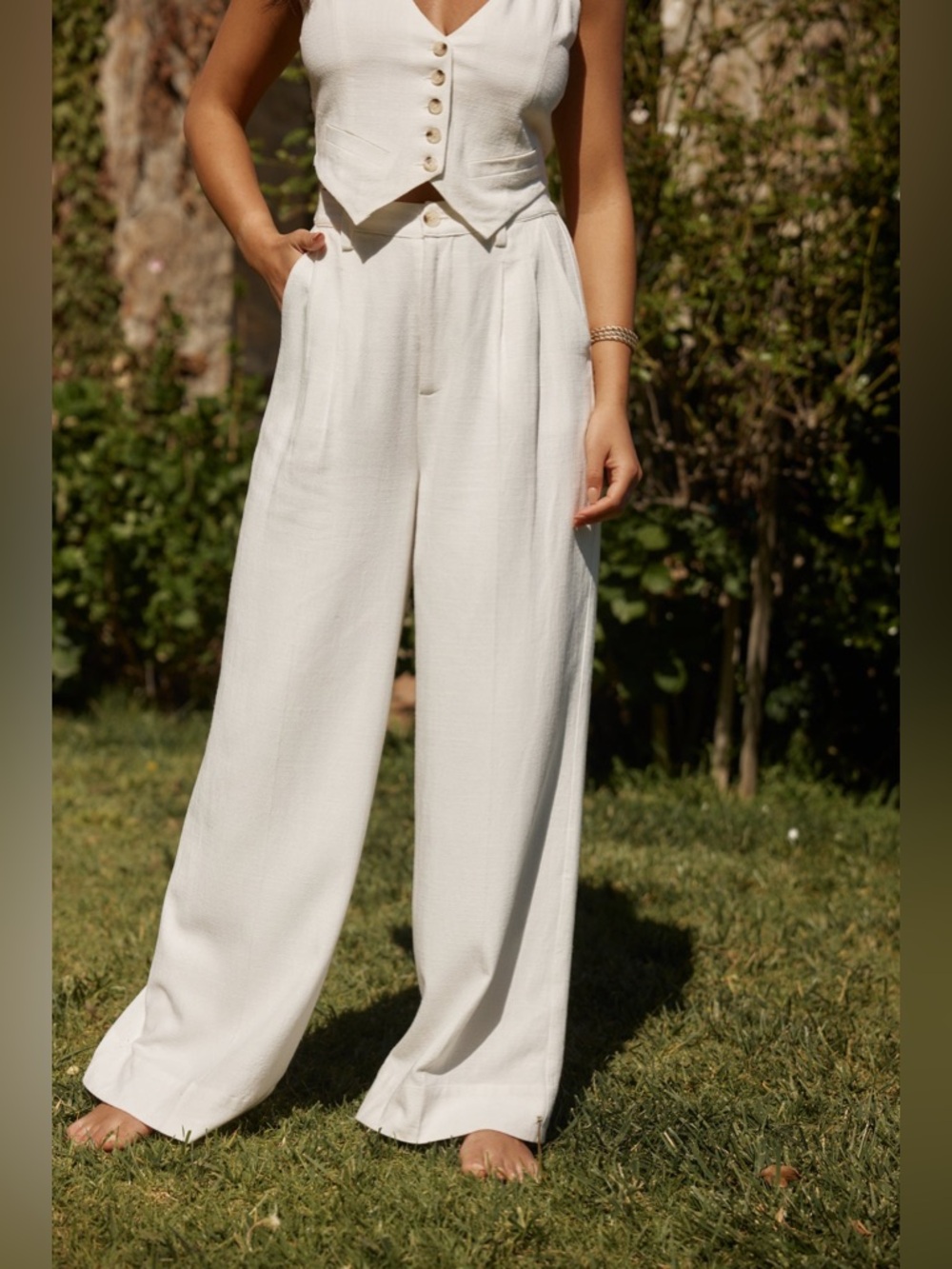 NWT 12th Tribe Diane White Linen High-Rise Wide-Leg Trouser